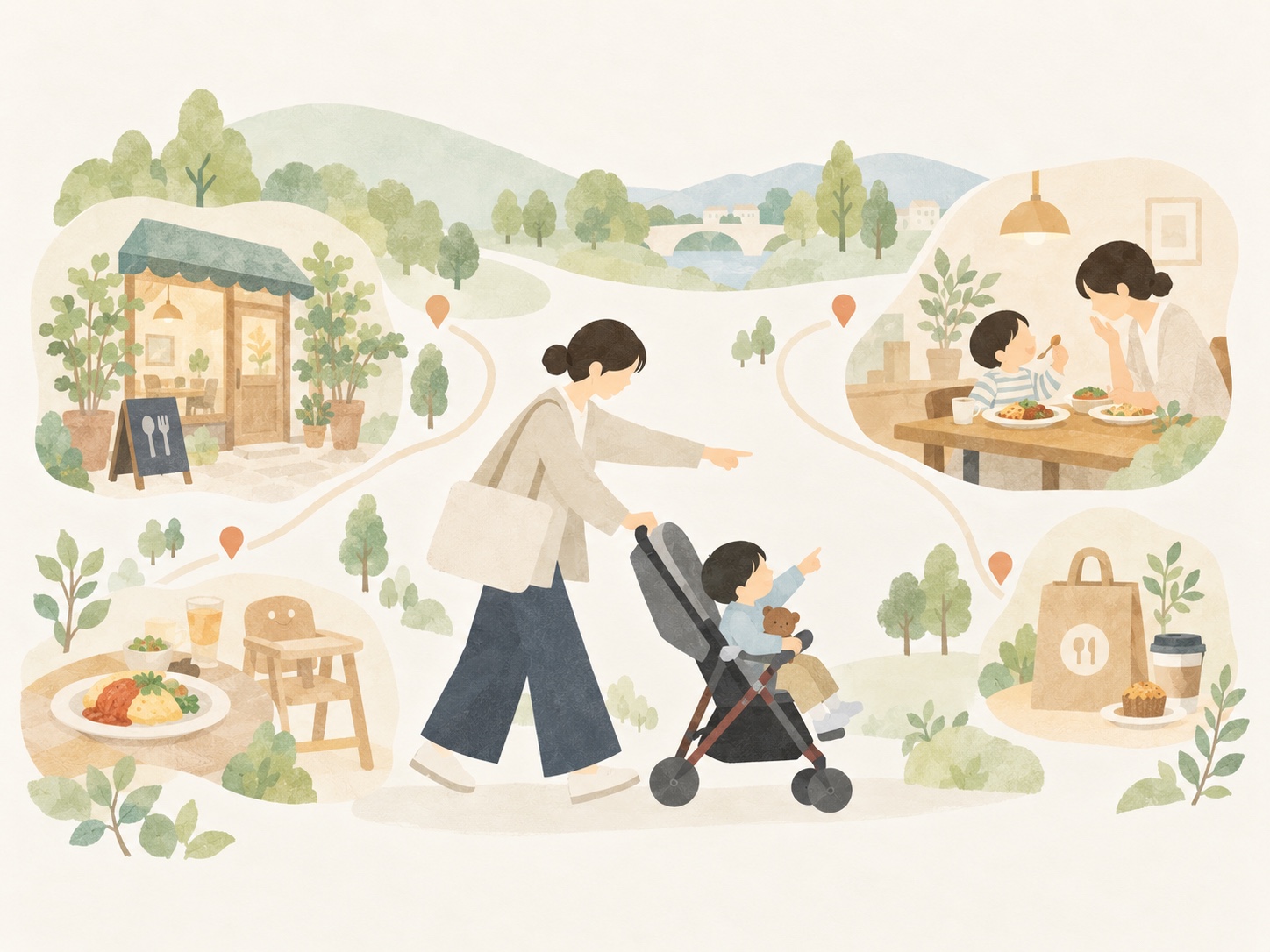 白河のお店やテイクアウトを親子で楽しむ家族のイラスト