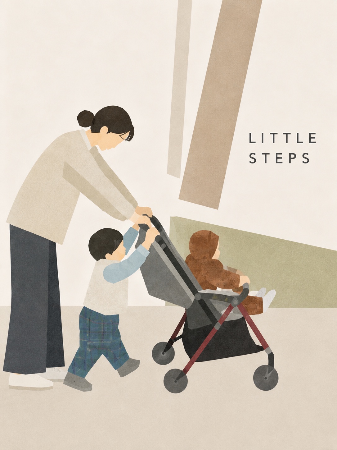 ベビーカーを押して親子で出かけるLITTLE STEPSのイラスト