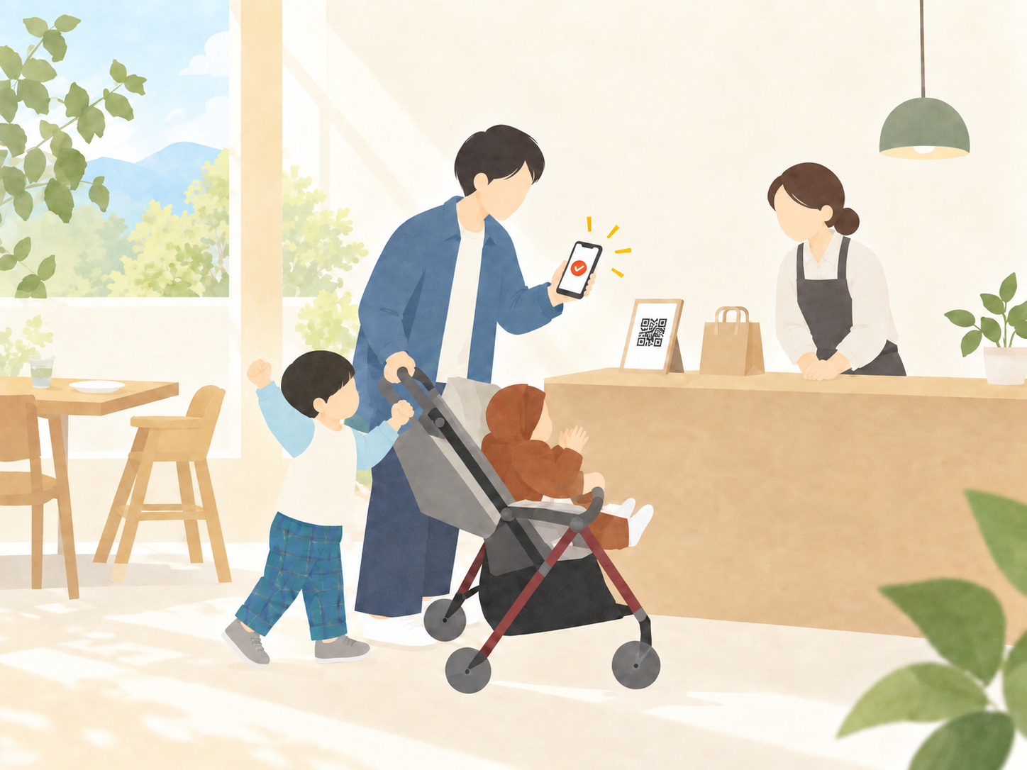 店頭のQRコードを読み取り、獲得したデジタルスタンプを親子で喜ぶイラスト