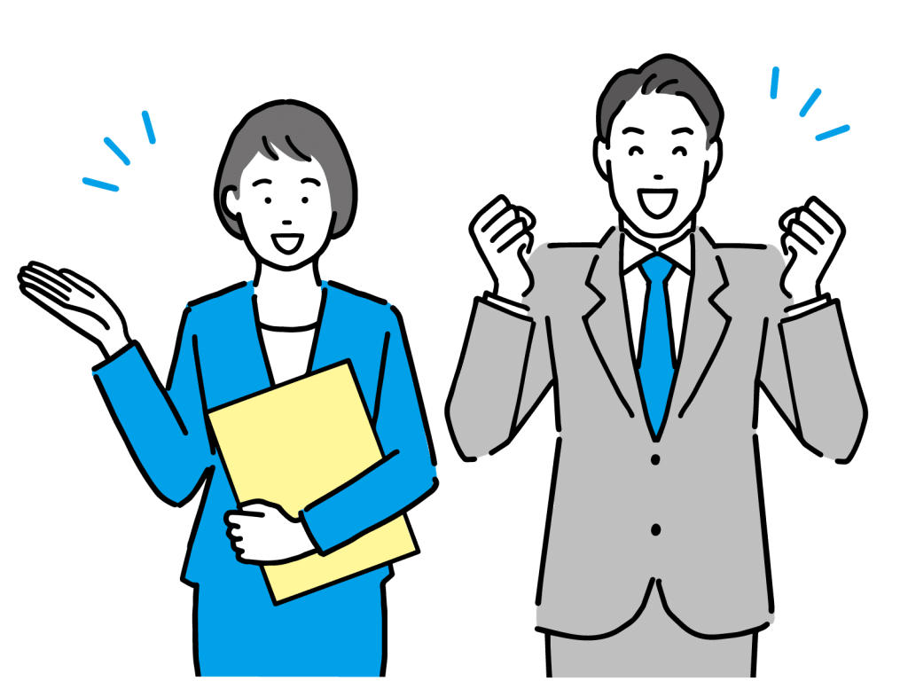 喜ぶ女性と男性の社員