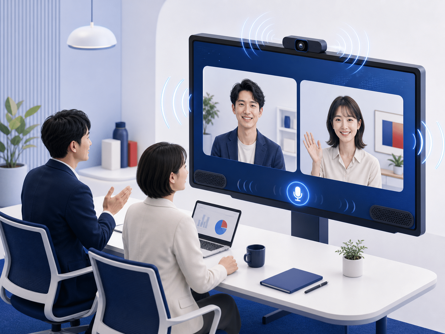 MAXHUBのカメラ、マイク、スピーカーを使ってWeb会議を行うイメージ